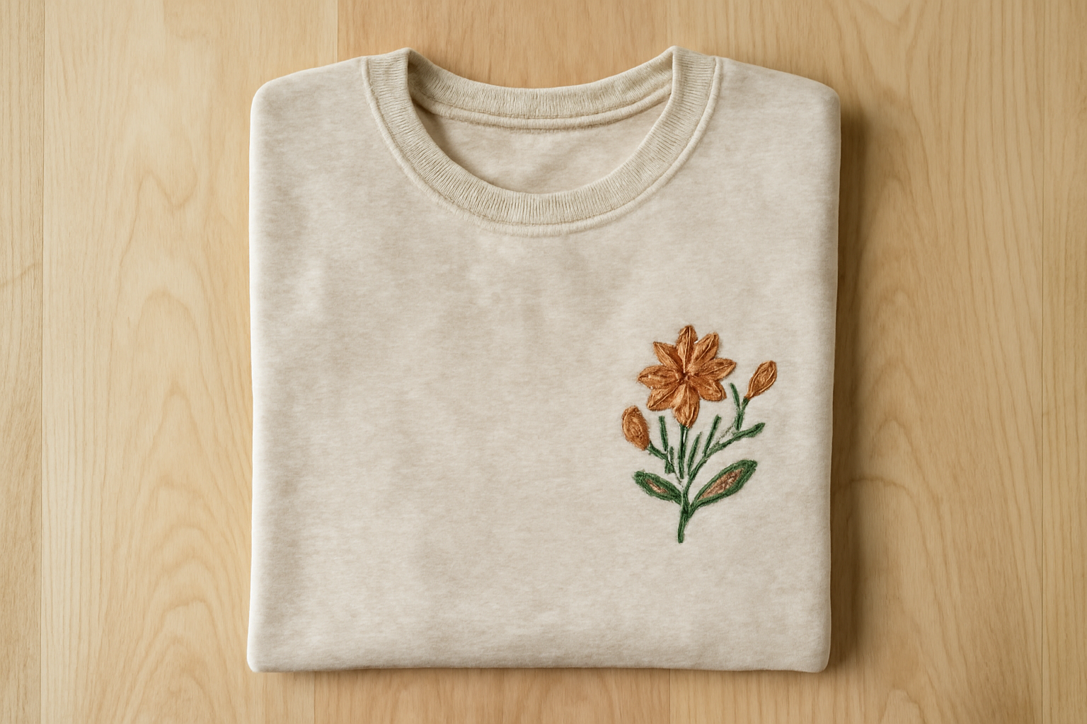 magasindemode-maison-labiche-t-shirts t-shirt brodé posé sur table en bois clair