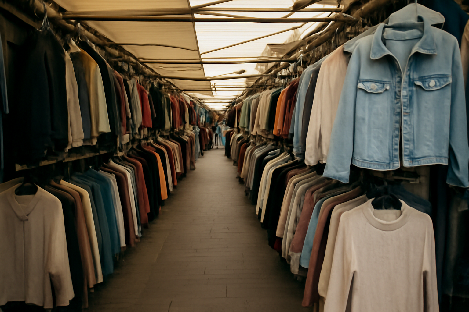 allée de stands et étals de vêtements