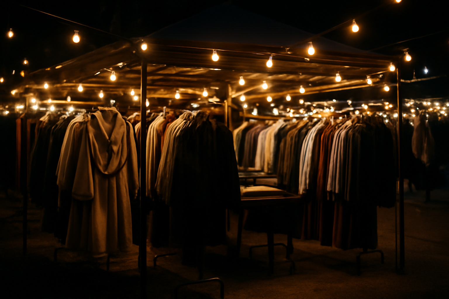 magasindemode-marches-nocturnes-createurs stands vêtement sous lumières de nuit
