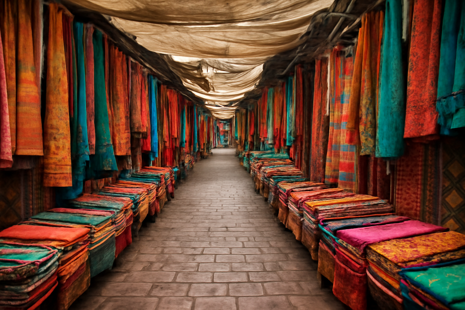 magasindemode-marches-stands-mode-weekend allee marche avec etals textiles colorés