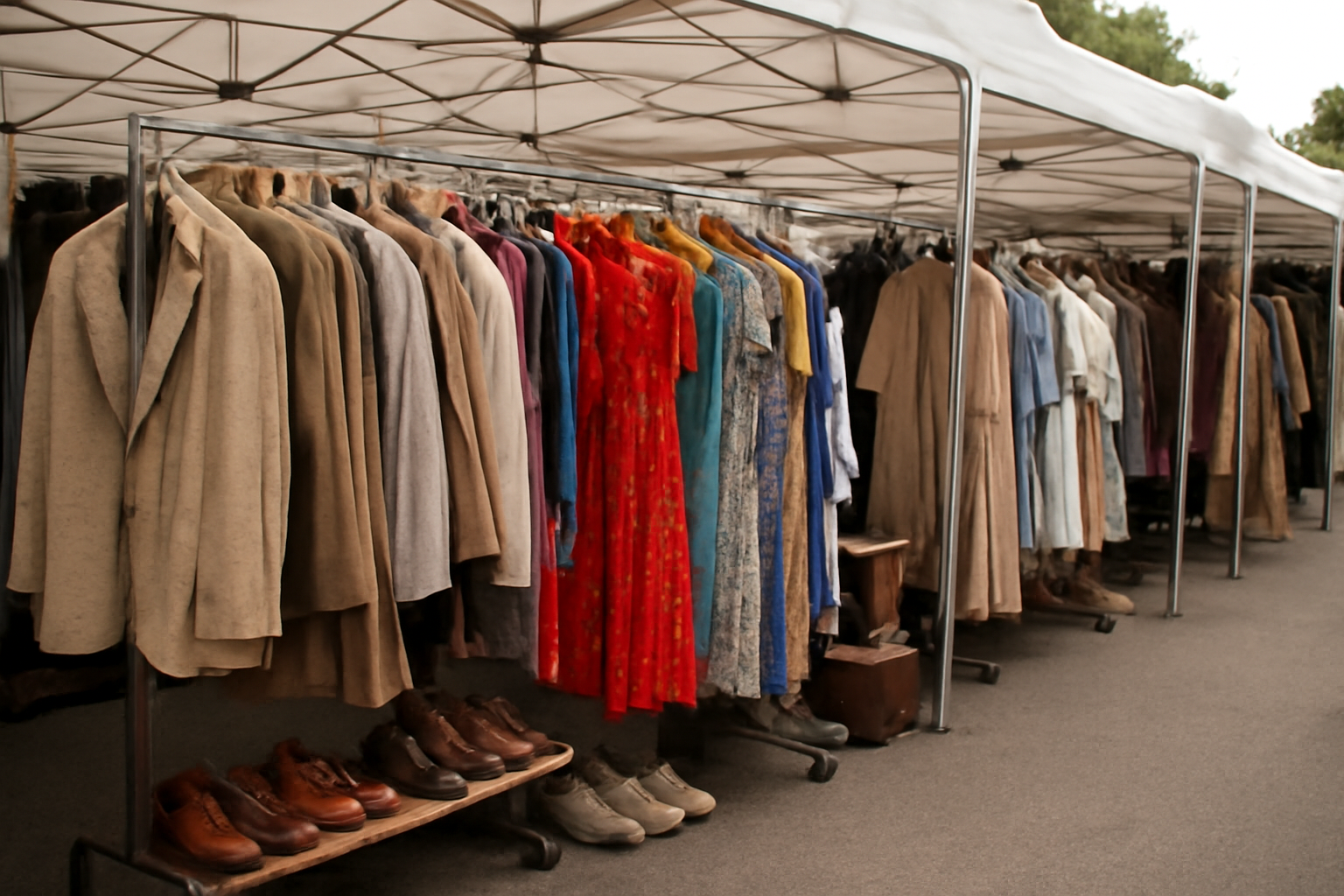 magasindemode-marchés-vintage-weekend stands de vêtements vintage alignés sous tentes