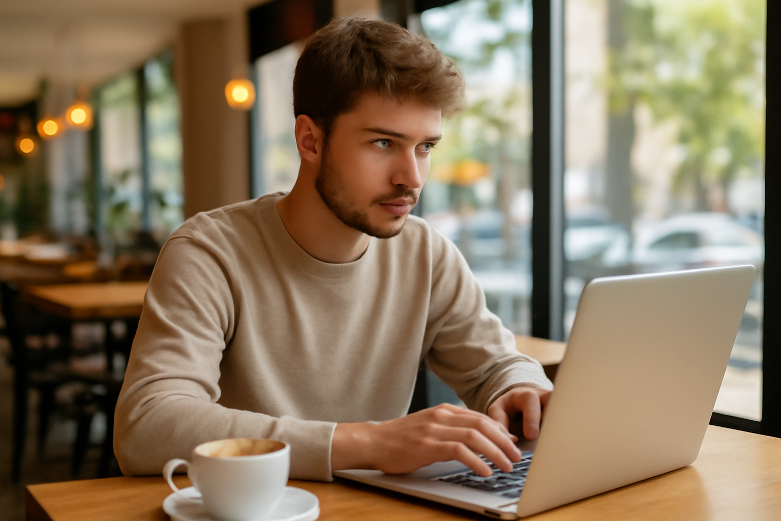 magasindemode-meilleur-cafe-travail-proche jeune travaillant sur ordinateur dans un café lumineux