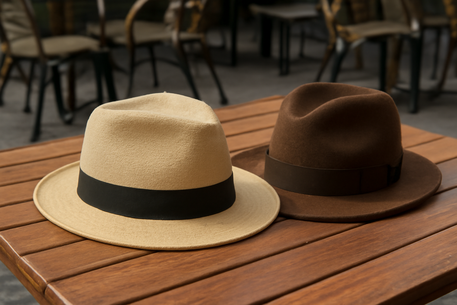 magasindemode-paille-coton-chapeau-ete deux chapeaux posés sur table en terrasse