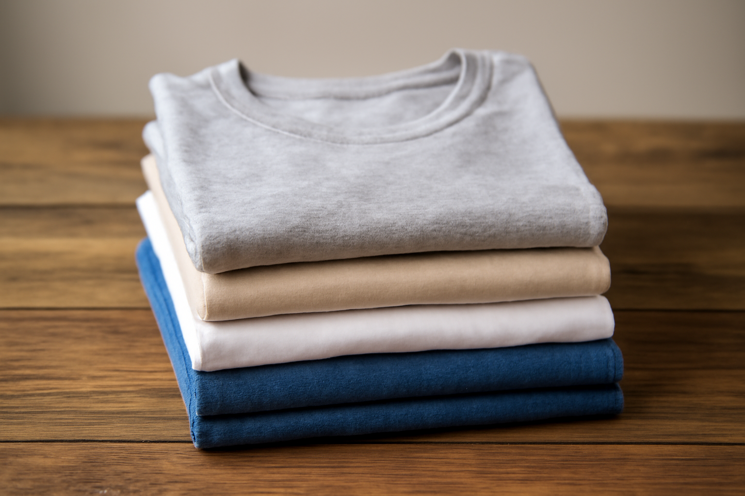 pile de vêtements basiques sur table bois