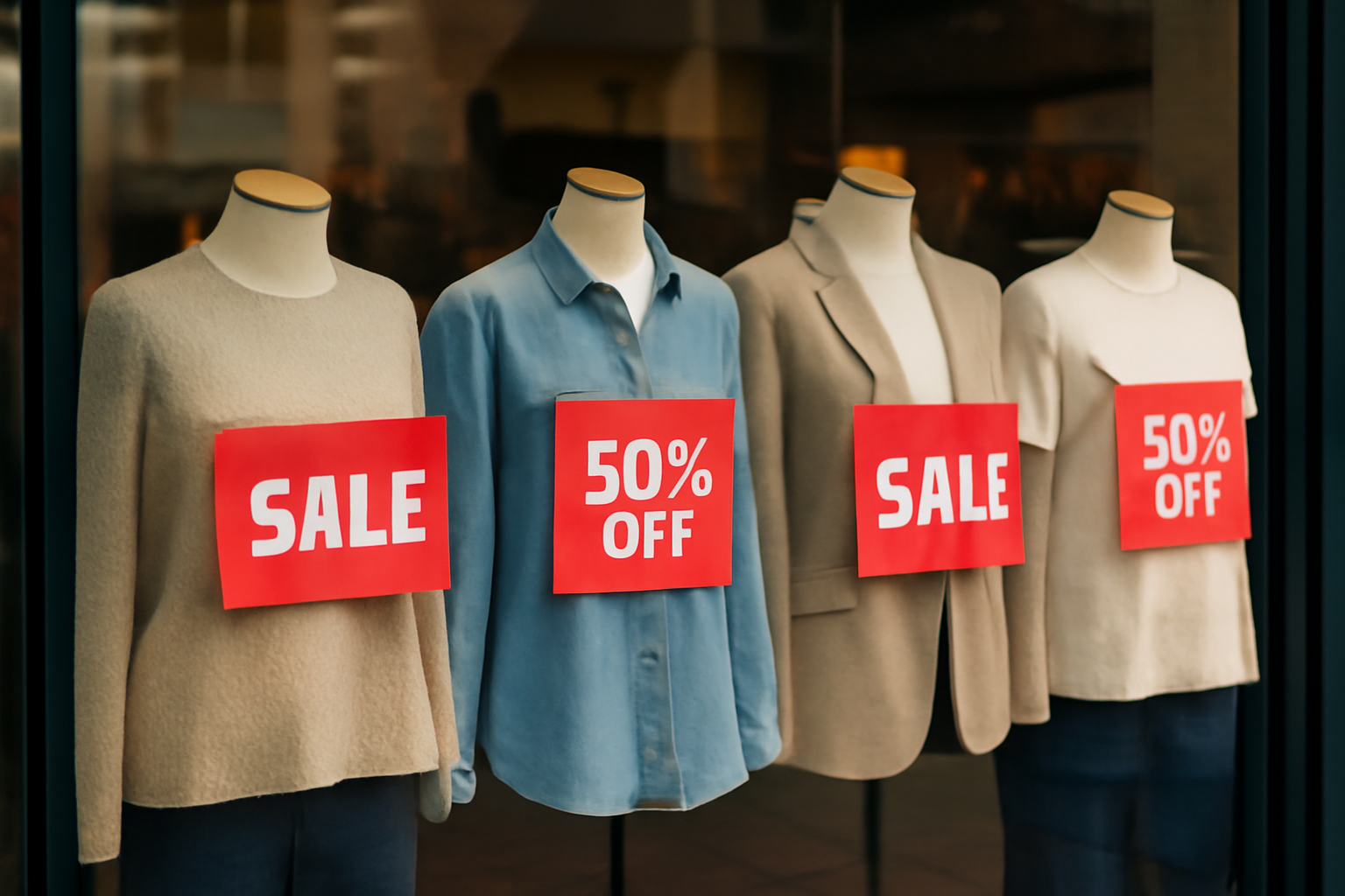 vitrine avec étiquettes promotionnelles sur vêtements
