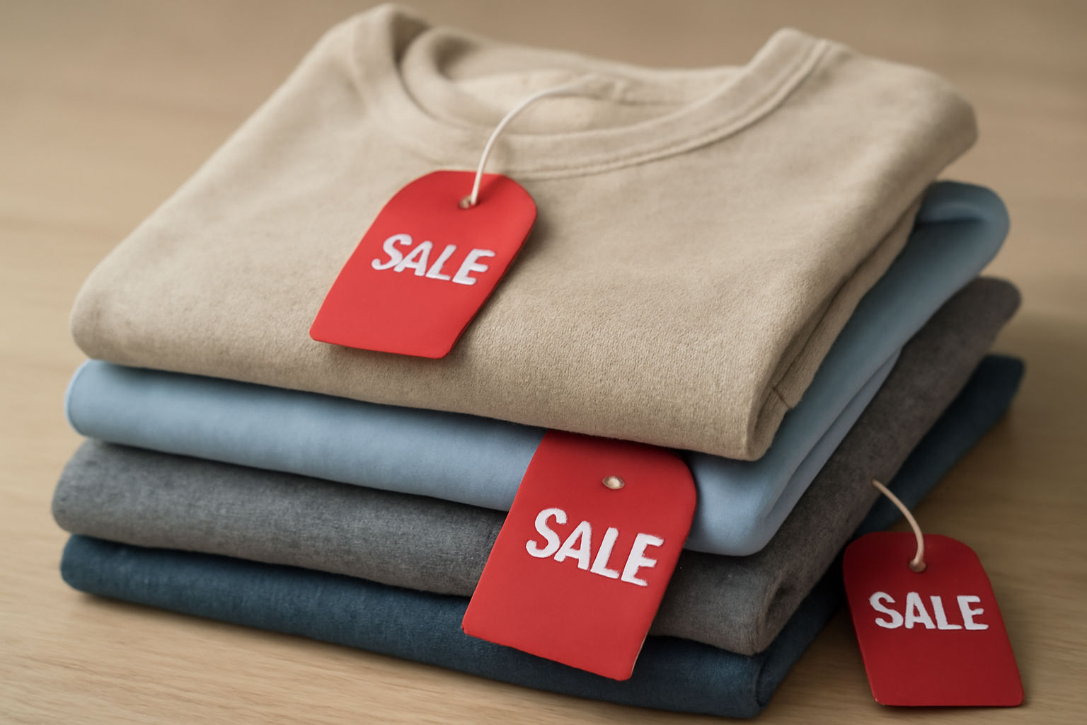 magasindemode-pieces-soldes-durables vêtements pliés avec étiquettes de prix en solde
