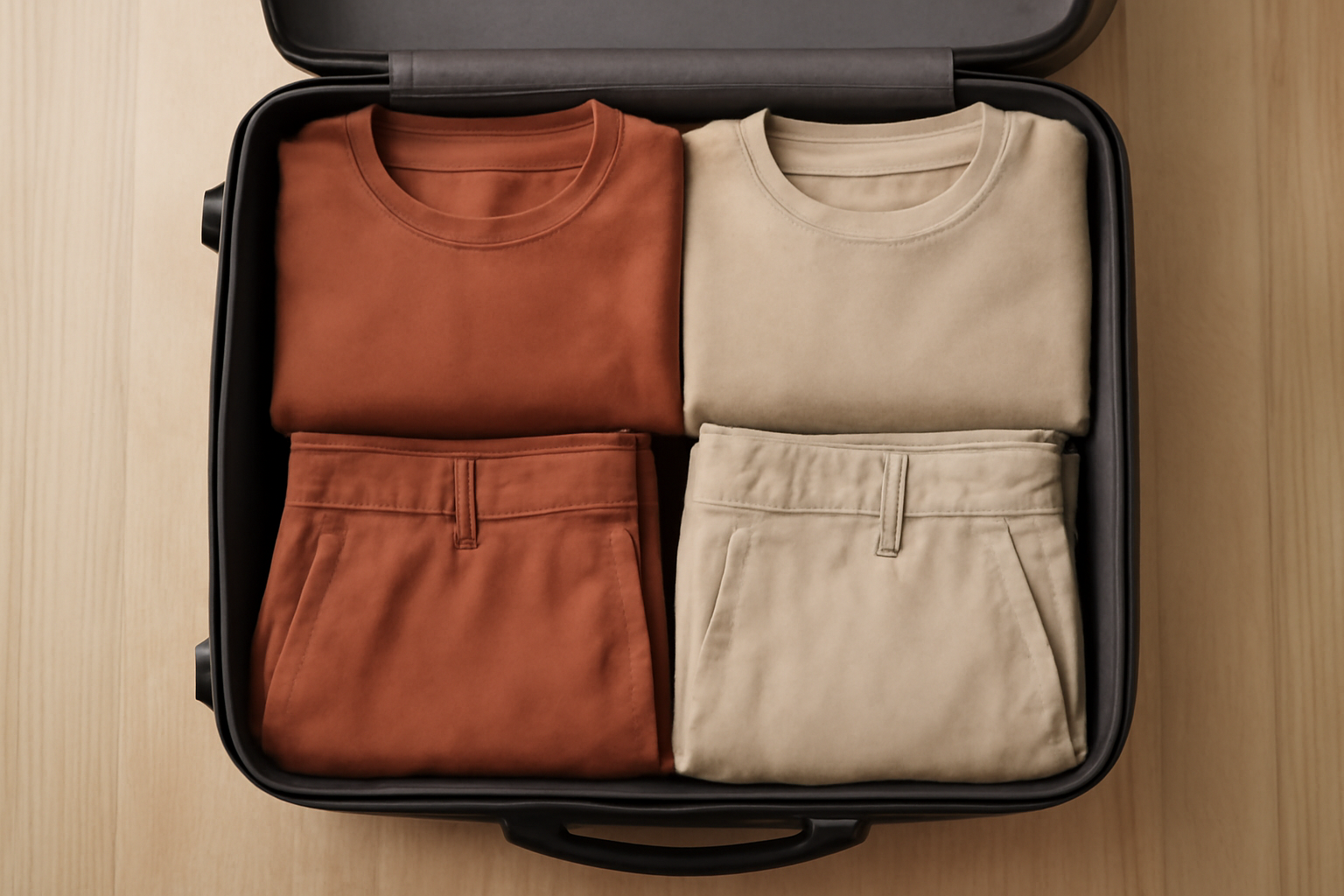 valise compacte avec tenues coordonnées pliées