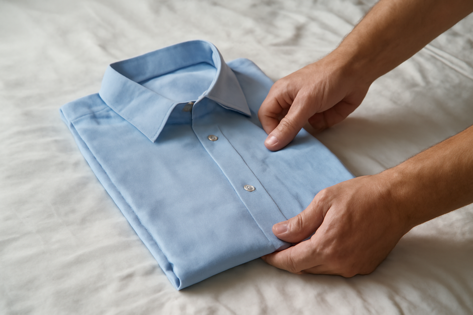 magasindemode-plier-chemise-minimiser-plis mains pliant une chemise sur lit