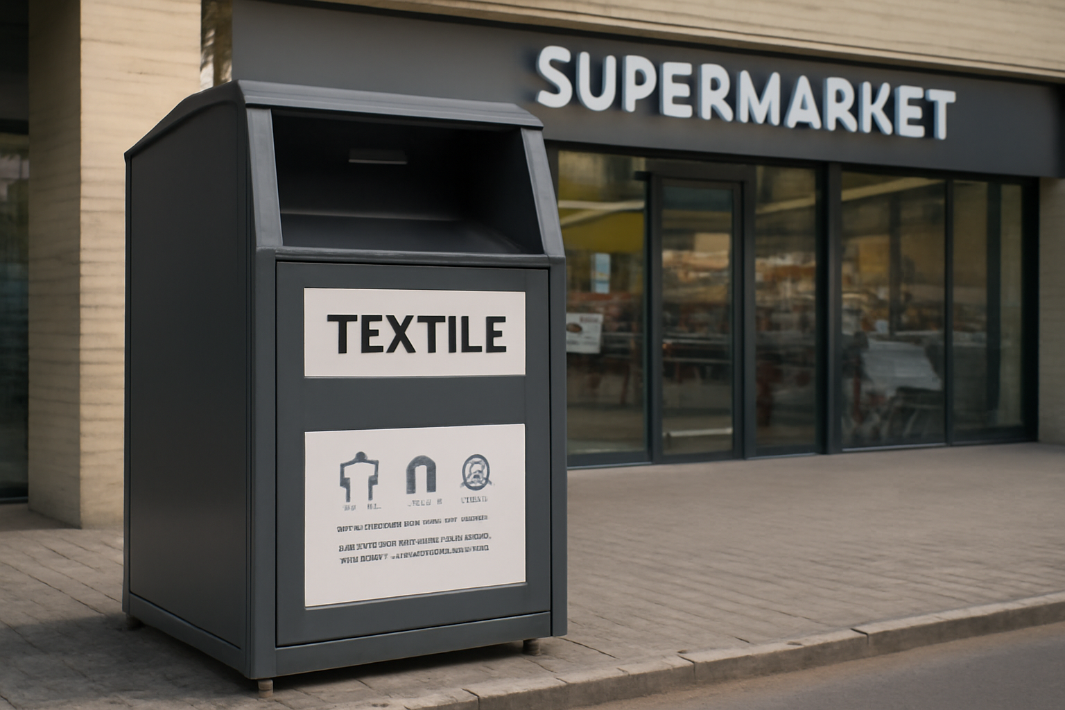 magasindemode-point-collecte-textile-centre-ville conteneur collecte textile devant supermarché urbain