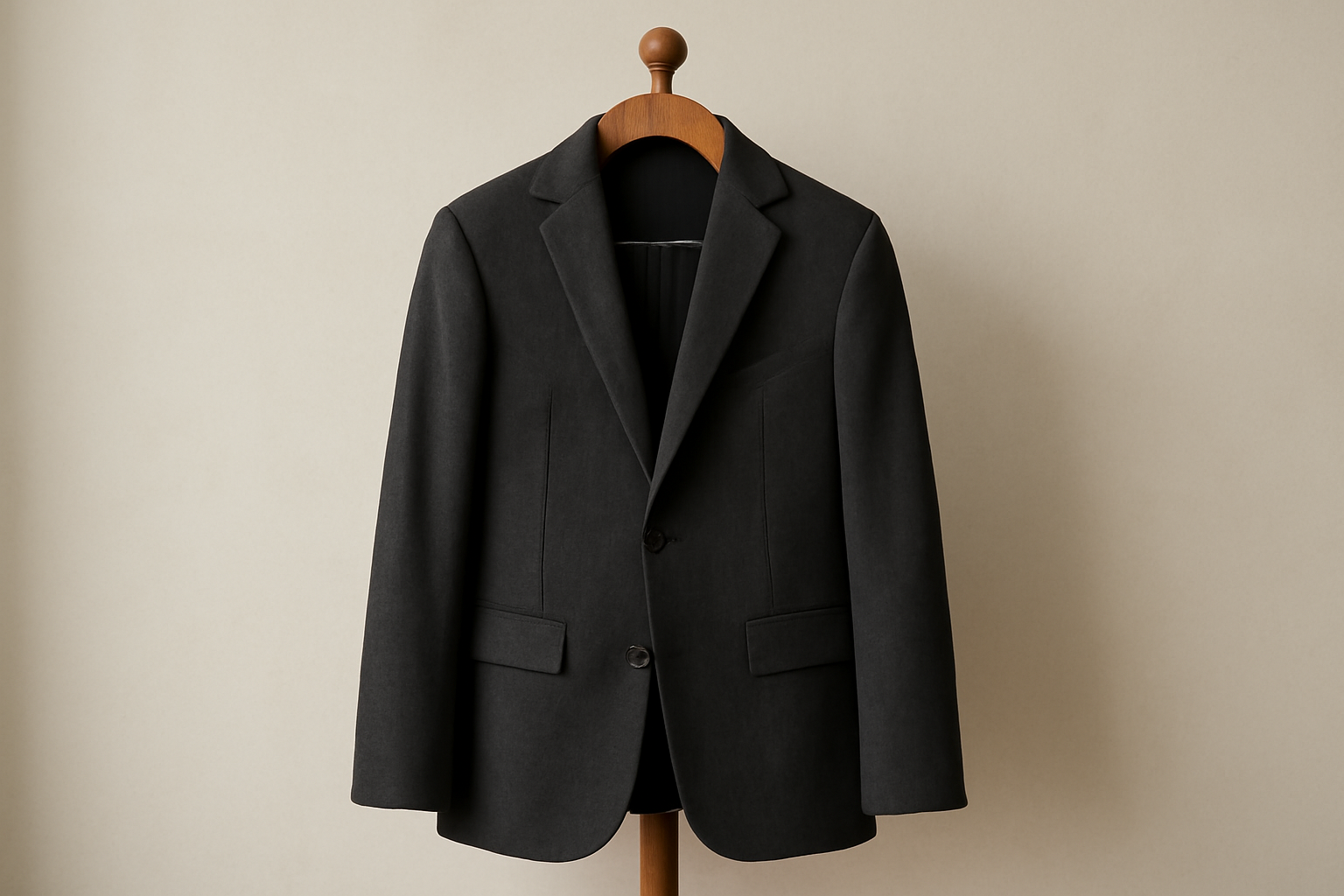 veste minimaliste posée sur porte-manteau bois