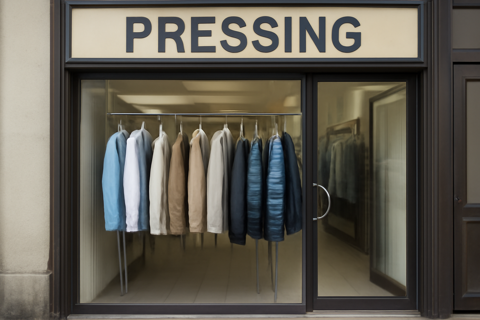 magasindemode-pressing-local-service-rapide entrée de pressing avec vêtements suspendus