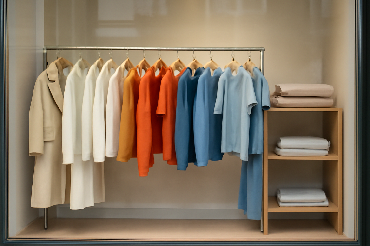 magasindemode-promod-qualite-saison vitrine boutique vêtements disposés par couleur