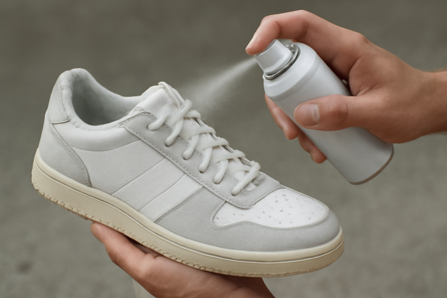 mains appliquant spray protecteur sur baskets