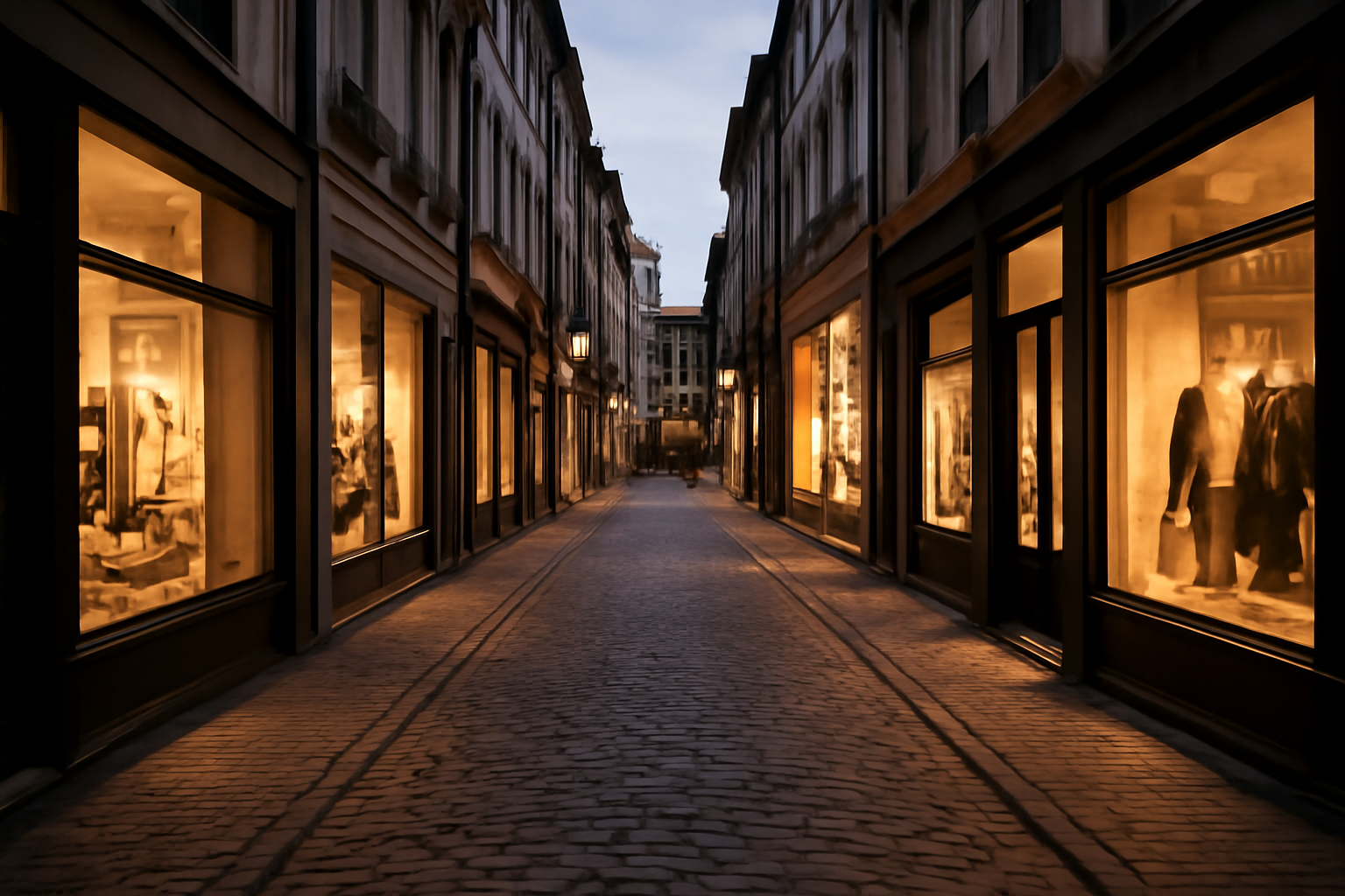 magasindemode-quartiers-balade-shopping rue commerçante éclairée avec vitrines