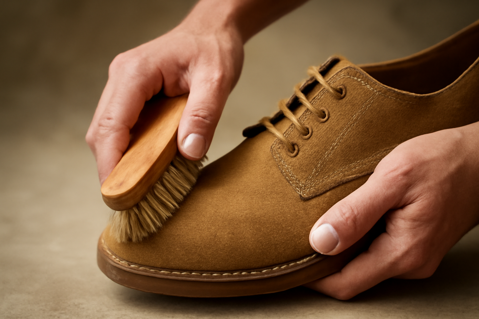 magasindemode-raviver-daim-produits-naturels mains brossant doucement une chaussure en daim