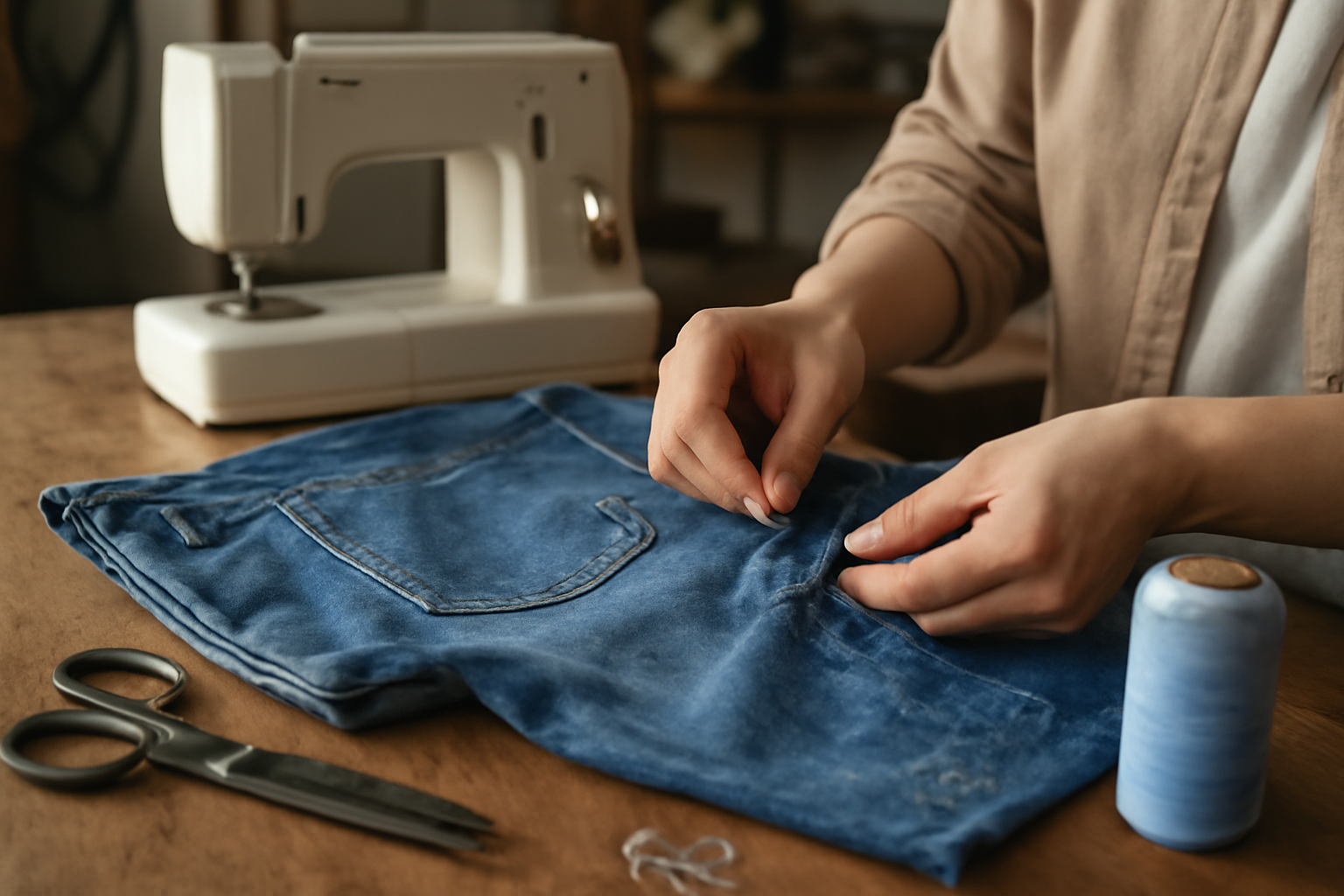 magasindemode-reparation-jeans-centre-ville atelier couture réparant un jean sur table