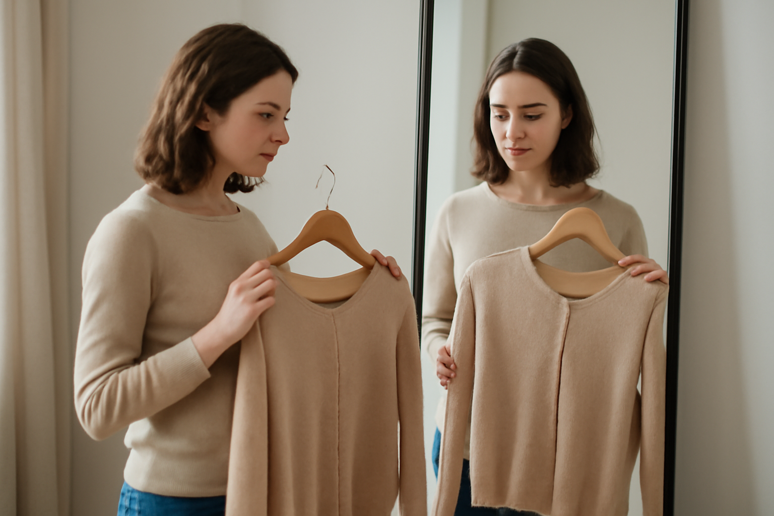 magasindemode-rituel-shabiller-rapidement personne choisissant tenue devant miroir