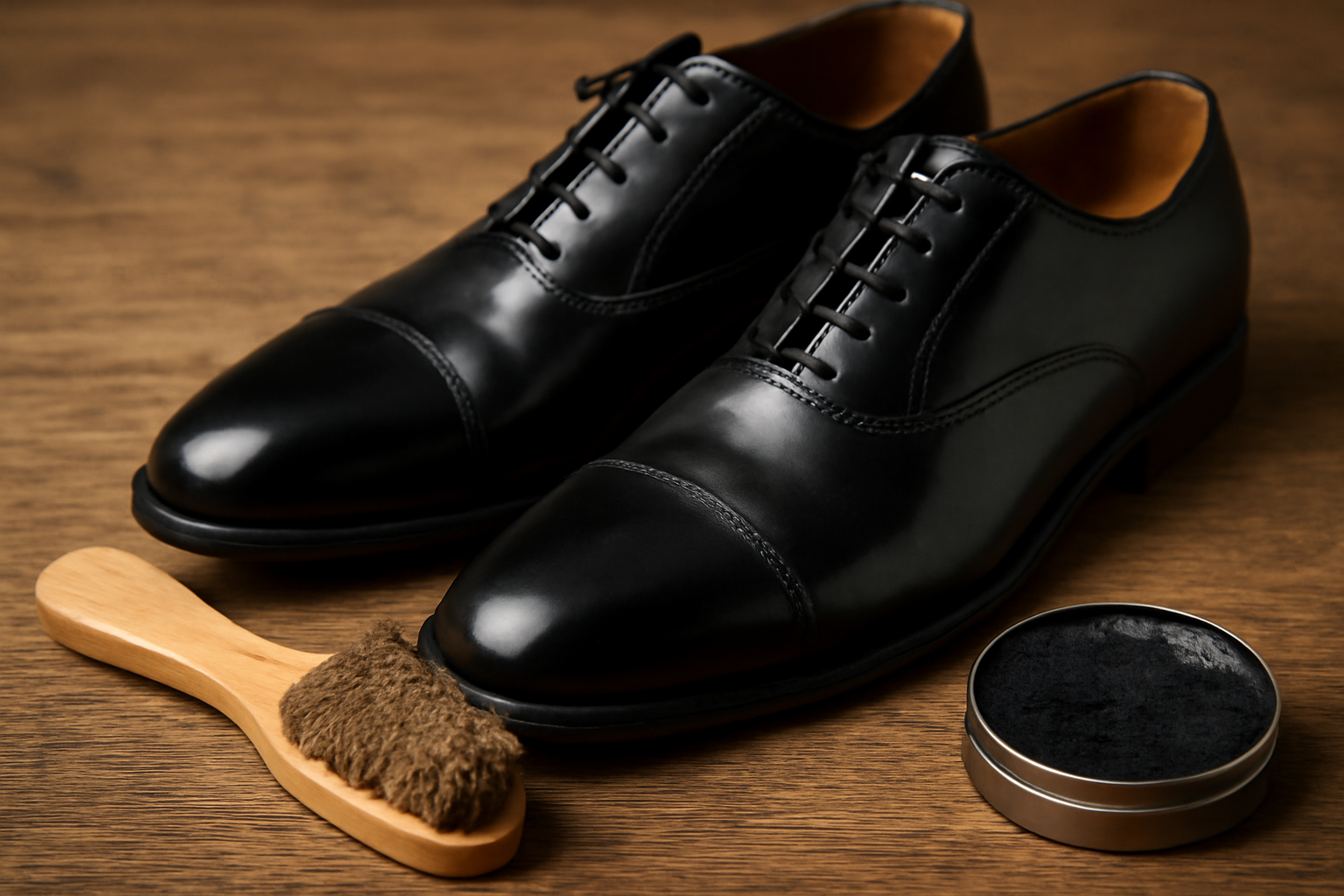 paire de chaussures avec brosse et cire