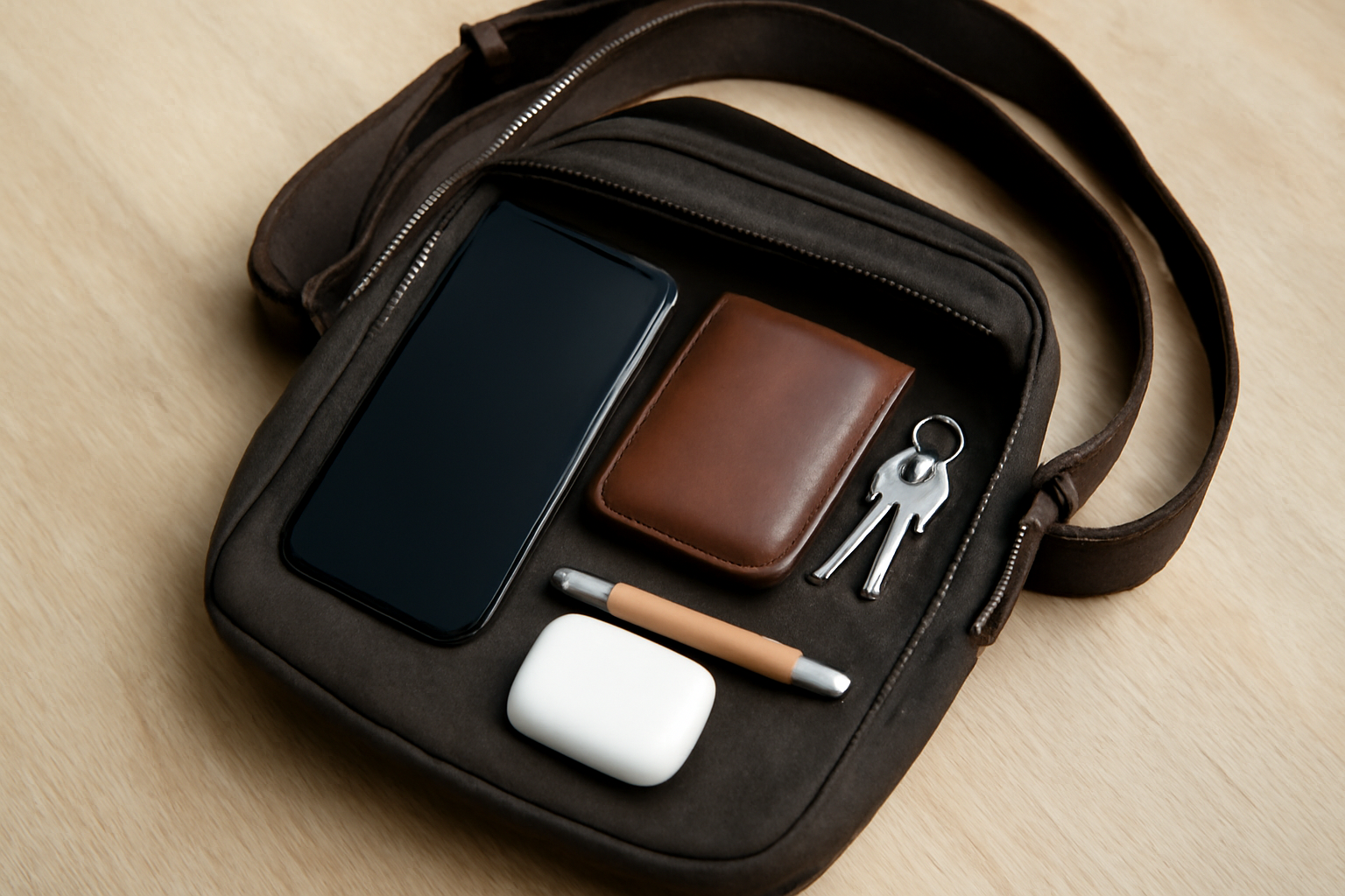 sac crossbody ouvert avec objets essentiels