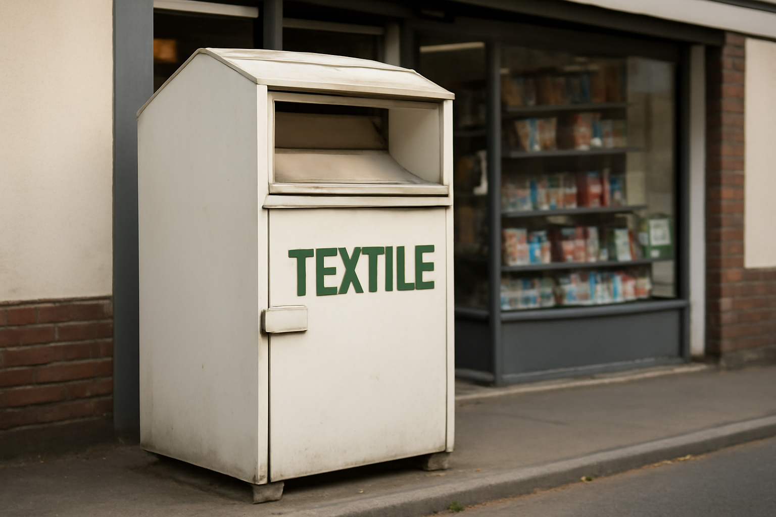 conteneur textile devant magasin de quartier