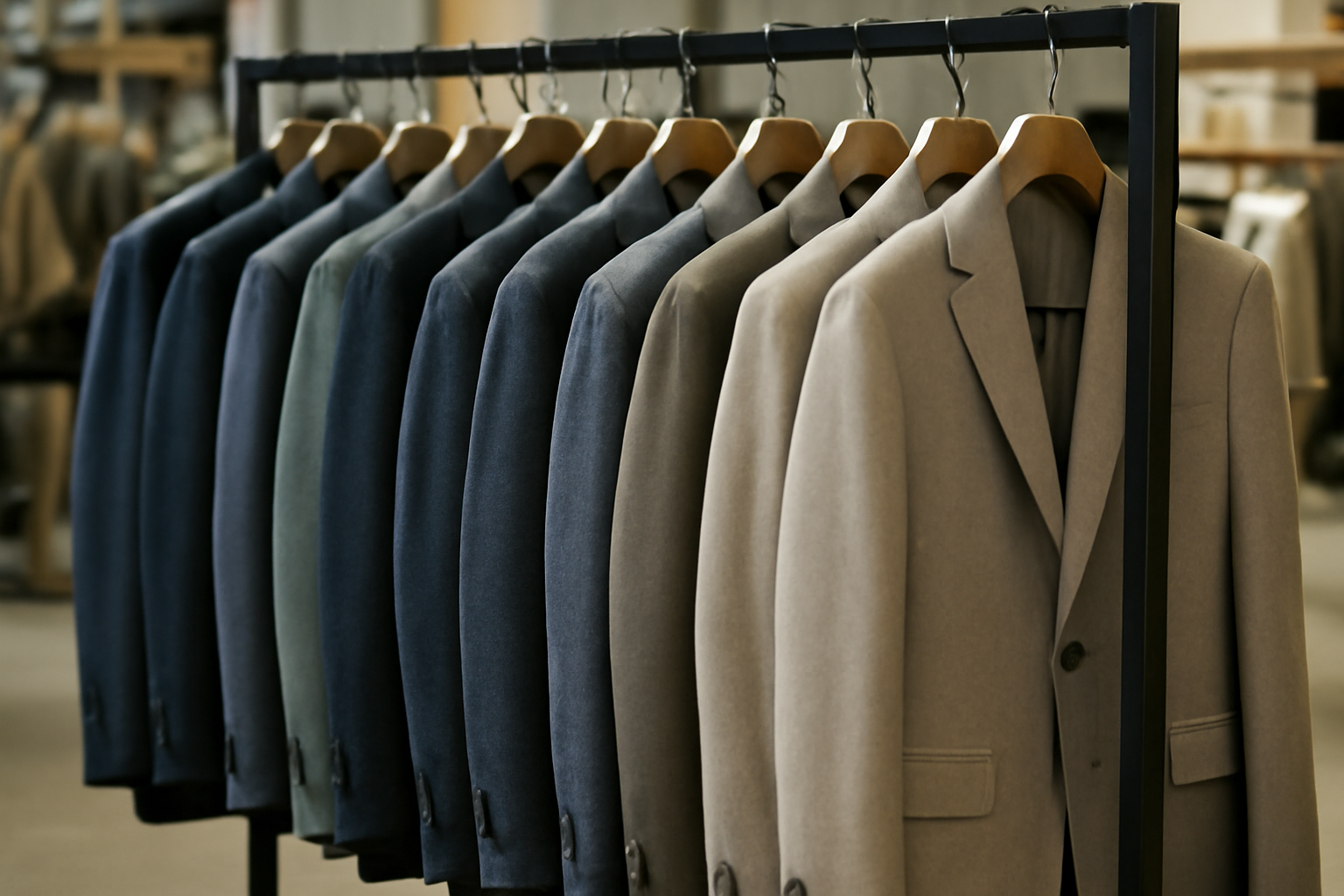 vestes alignées sur un portant en magasin