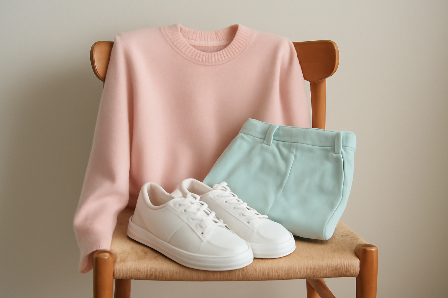 magasindemode-teintes-look-printanier ensemble tons pastels posé sur chaise