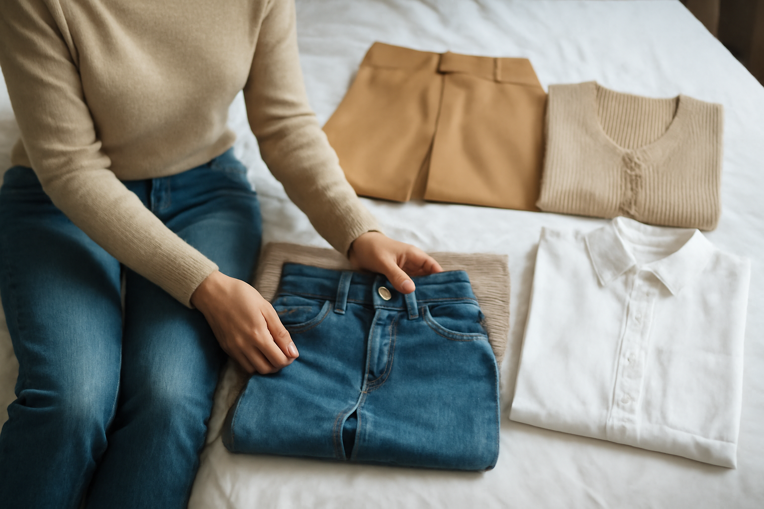 personne choisissant une tenue sur lit