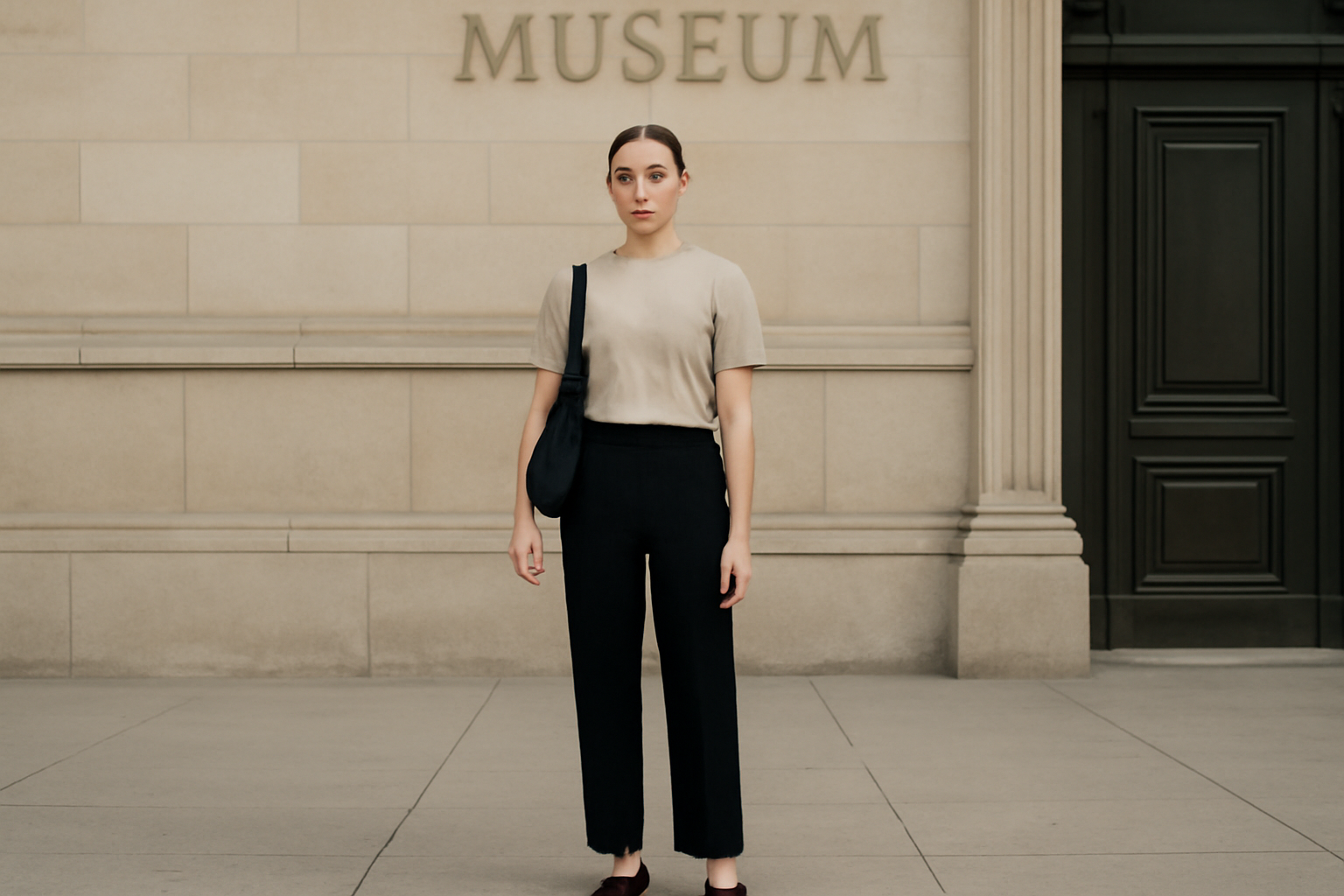magasindemode-tenue-minimaliste-musee-shopping personne avec tenue minimaliste devant façade musée