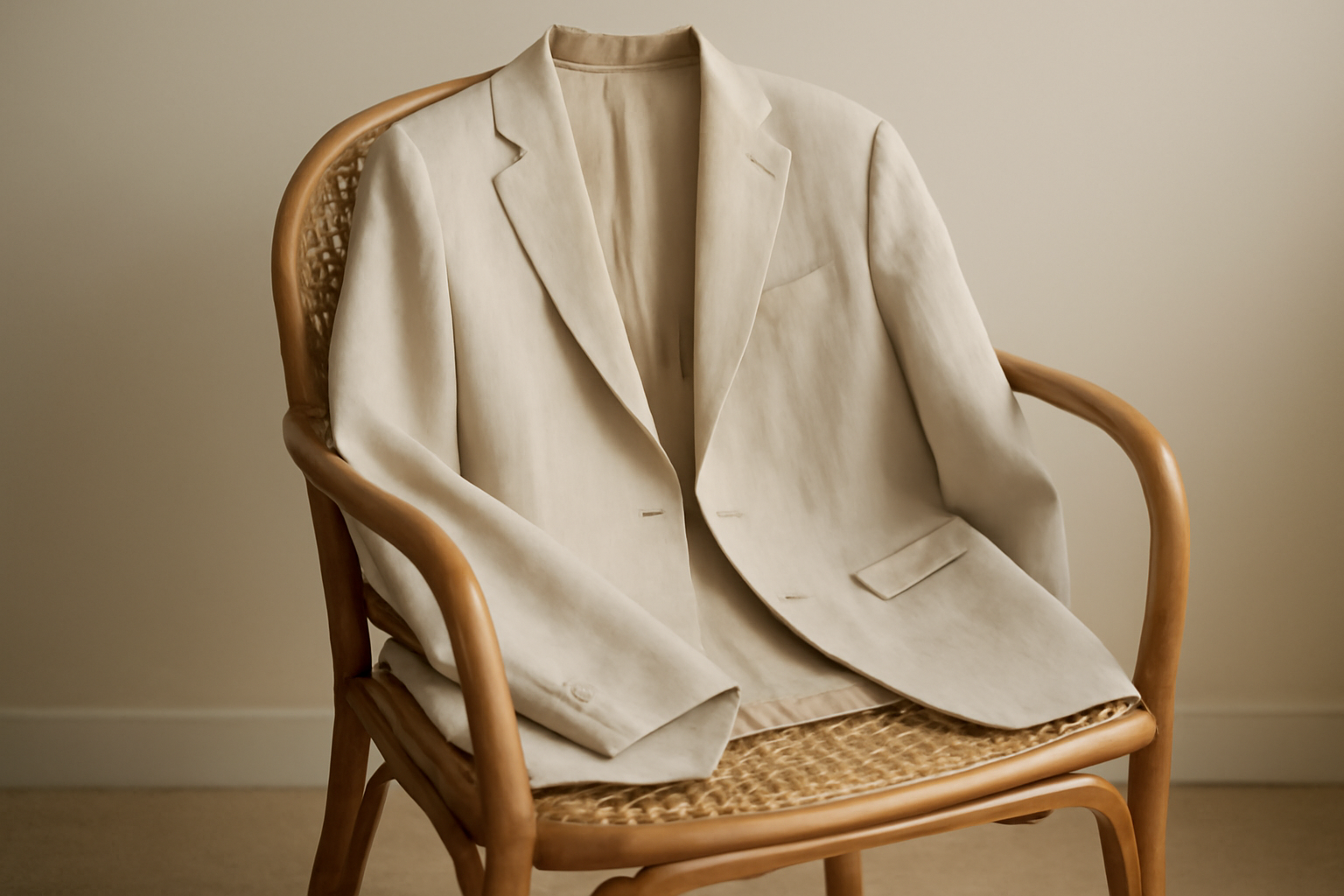 magasindemode-tissu-blazer-ete blazer léger posé sur chaise en rotin