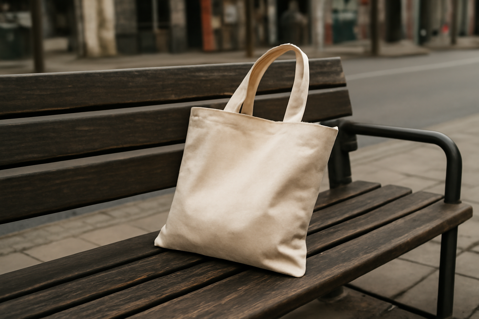 magasindemode-tote-bag-courses-sorties tote bag posé sur un banc urbain