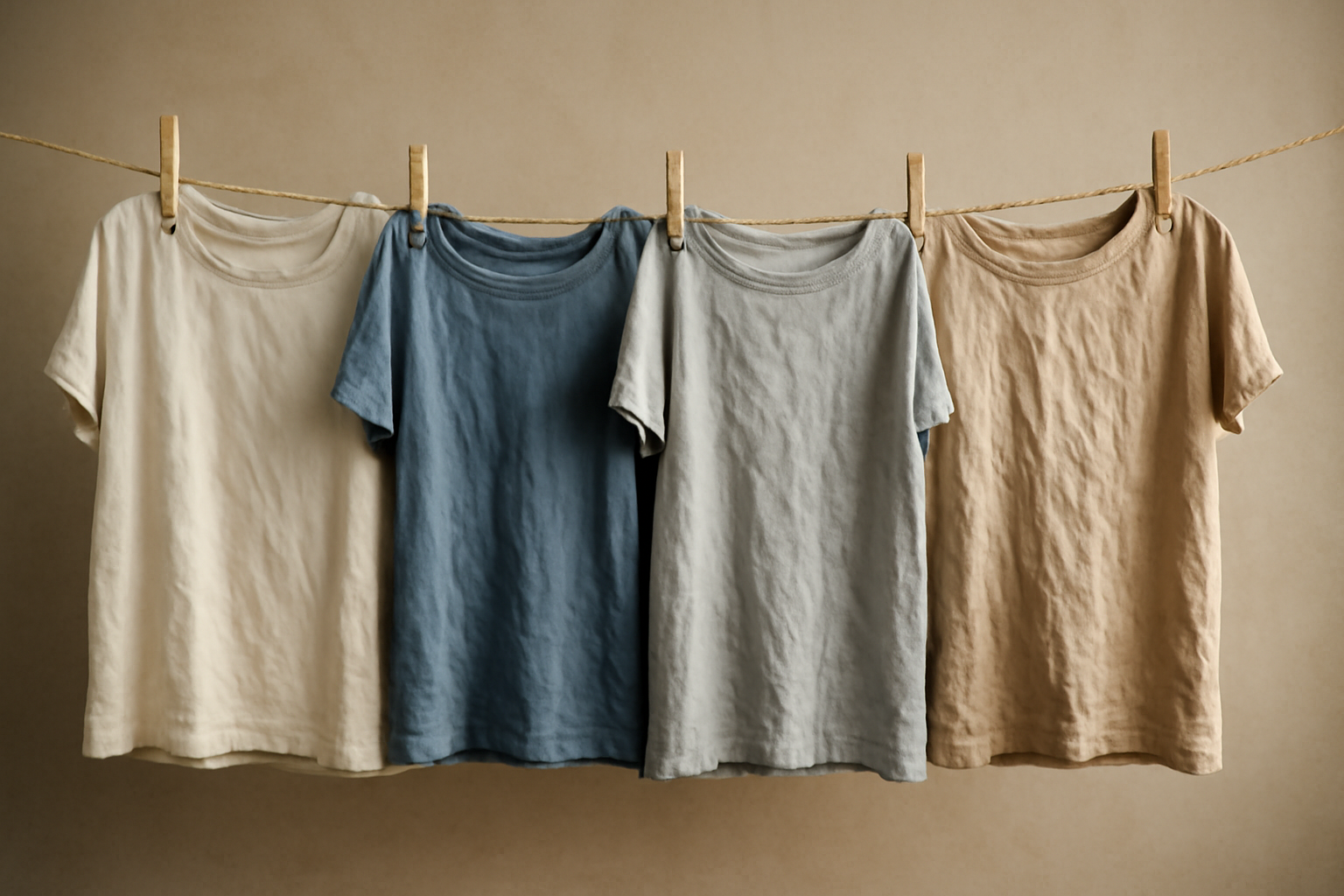 t-shirts étirés et froissés sur corde à linge