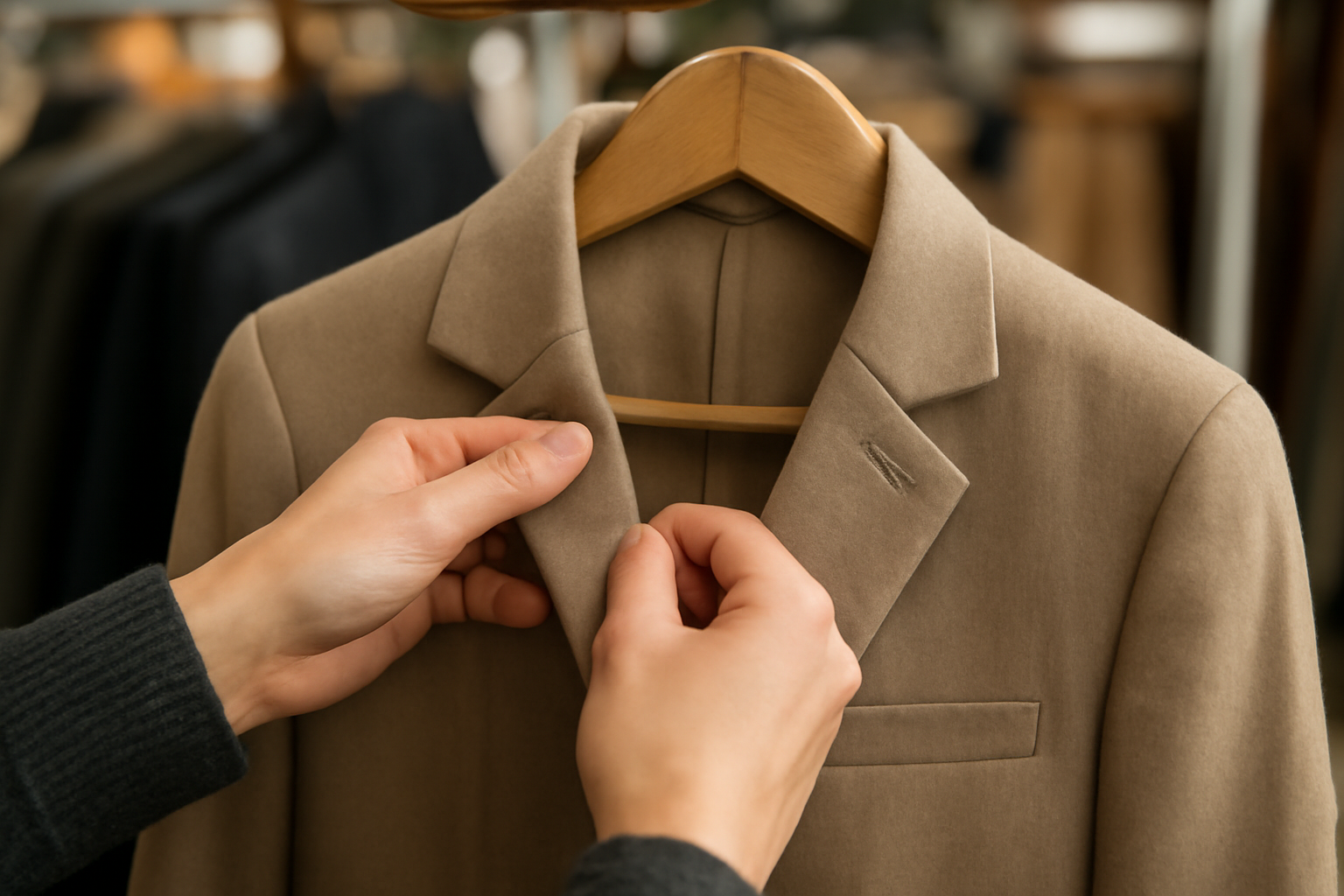 magasindemode-verifier-details-veste mains examinant couture d'une veste dans une boutique