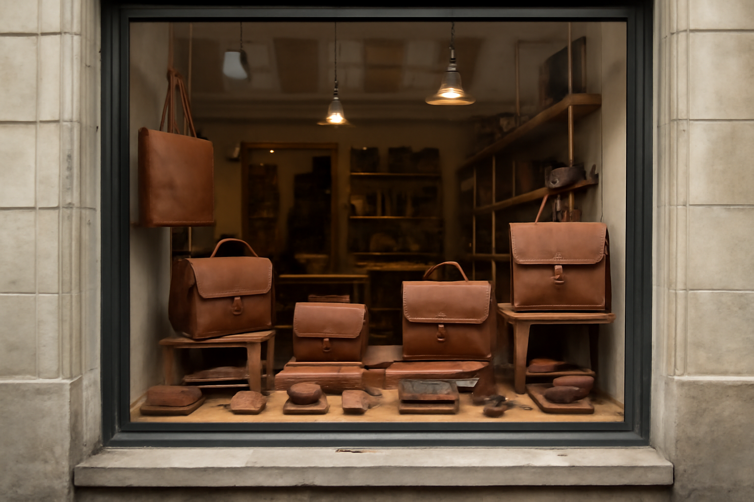 magasindemode-acheter-boucles-ceinture vitrine d'atelier d'accessoires cuir en centre-ville