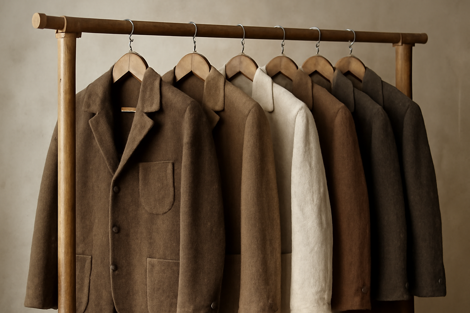 magasindemode-atelier-bleu-veste-artisanale vestes artisanales suspendues sur portants en bois