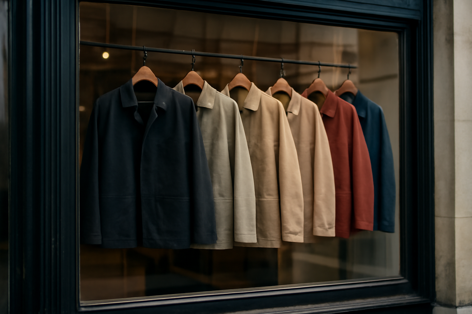 magasindemode-atelier-rive-vestes vitrine d'atelier avec vestes suspendues