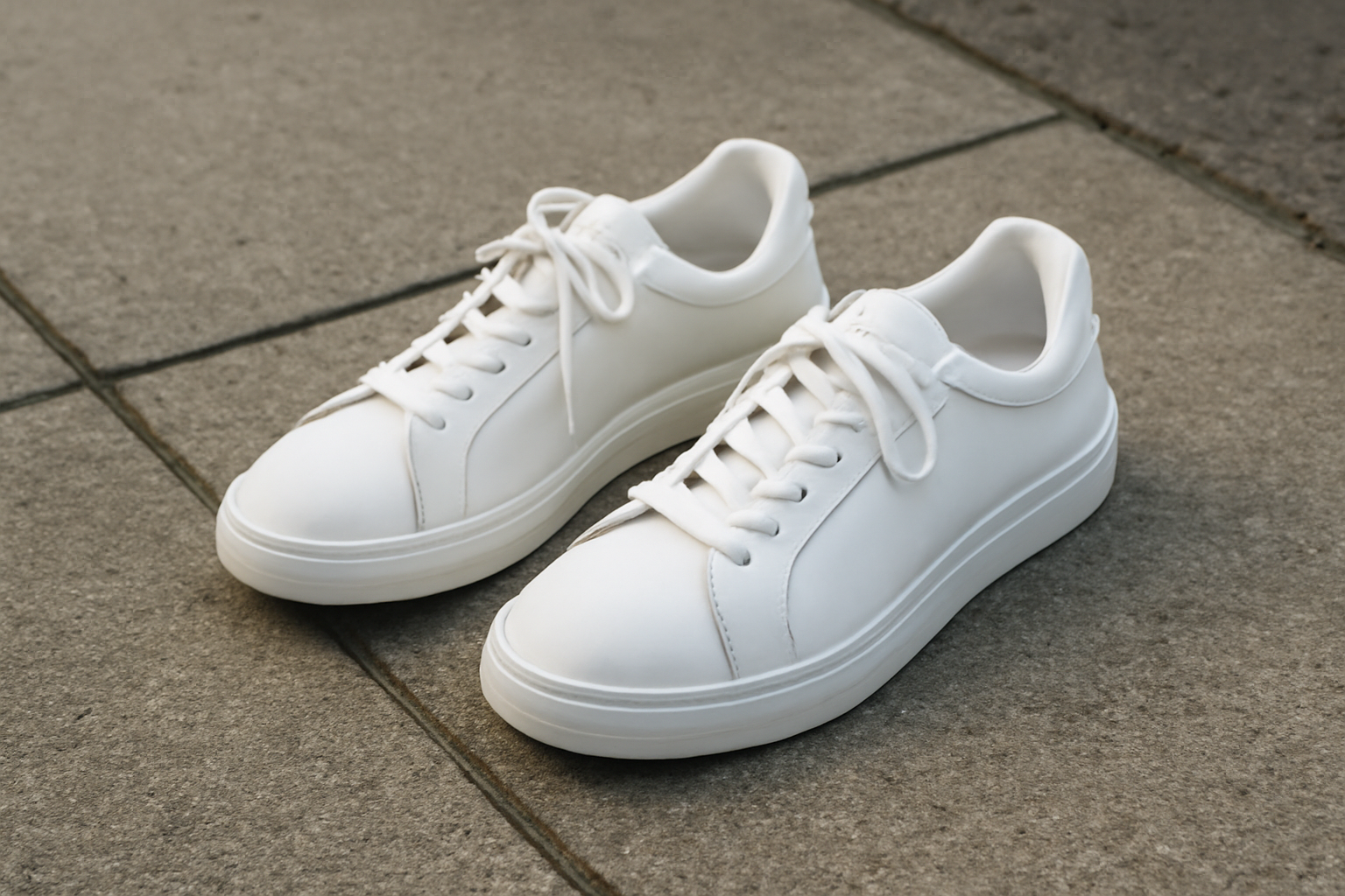 magasindemode-baskets-blanches-jaunissent paires de baskets blanches posées sur trottoir