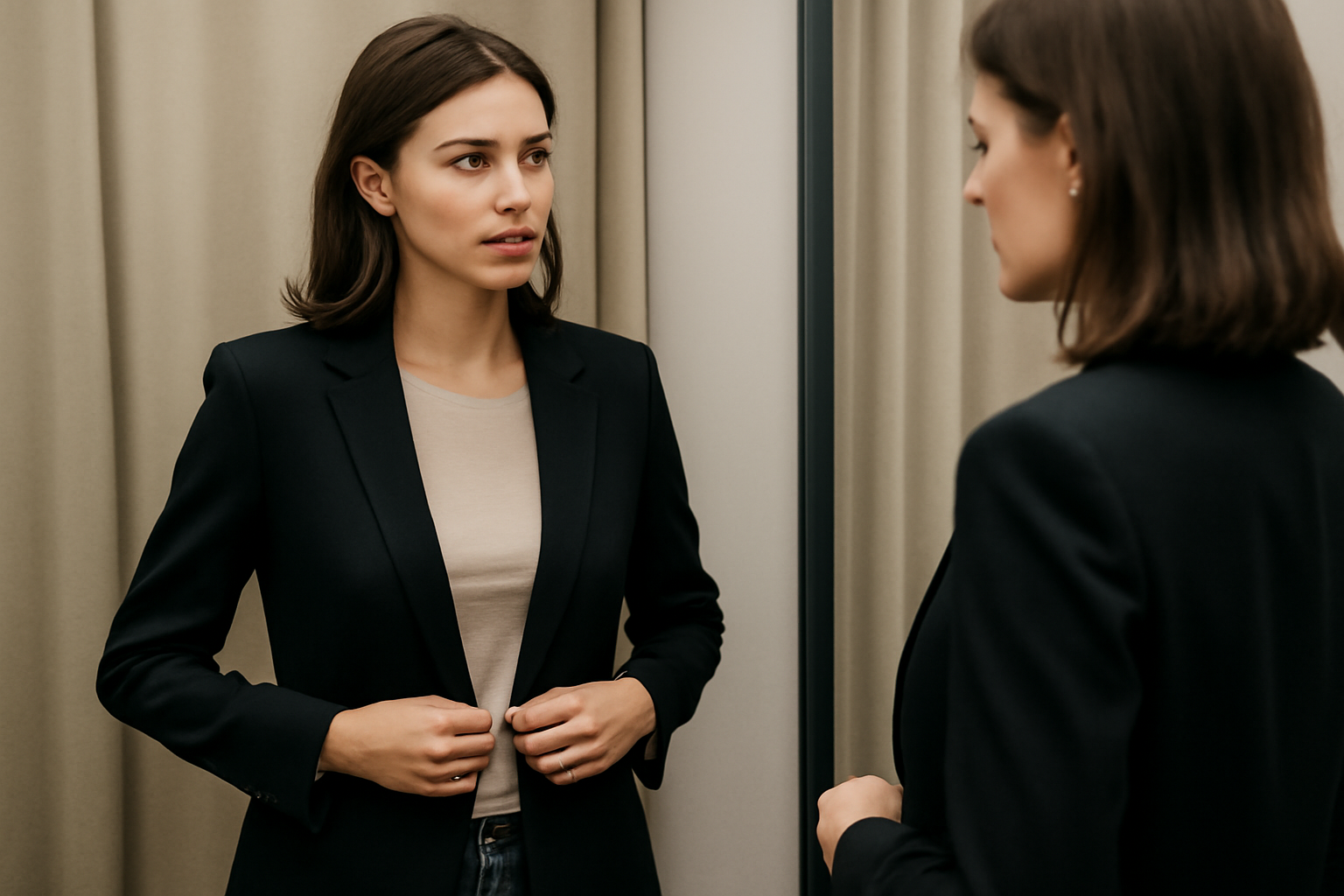 magasindemode-blazer-leger-soirees-fraiches femme essayant un blazer devant un miroir