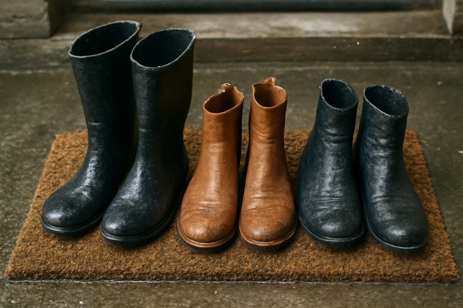 magasindemode-bottes-ou-bottines-pluie bottes et bottines posées sur paillasson mouillé