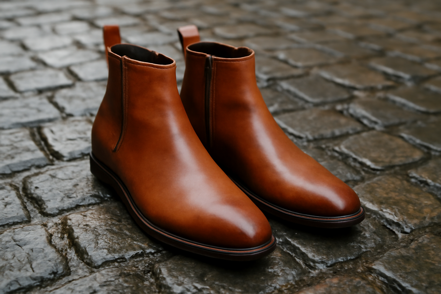 magasindemode-bottines-resistantes-paves paire de bottines posée sur pavés humides