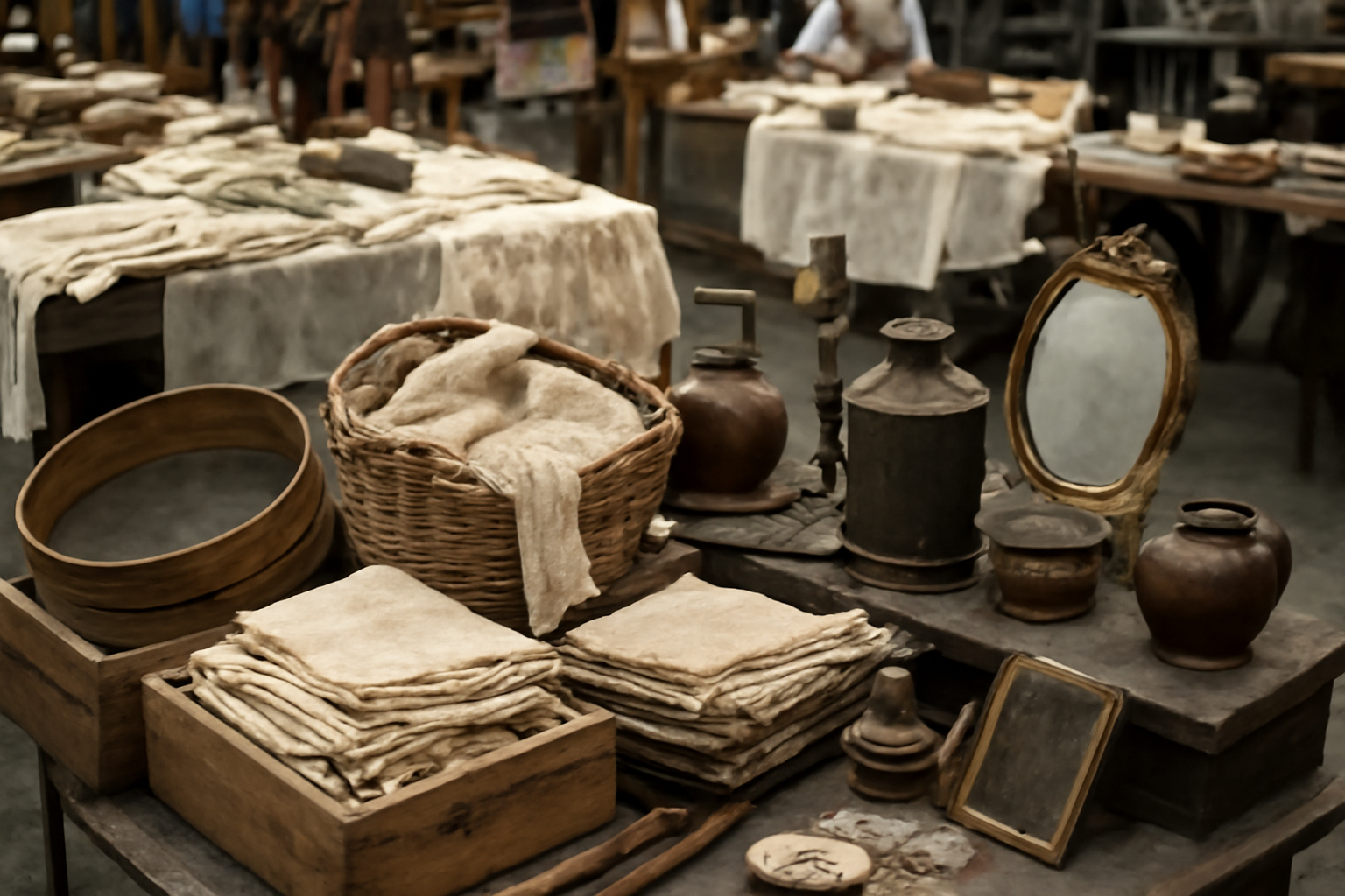 magasindemode-brocantes-mensuelles-a-visiter étals de brocante avec accessoires et textiles anciens
