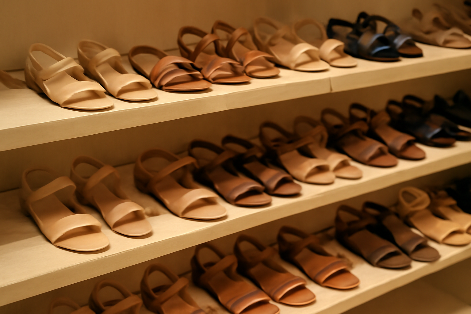 magasindemode-budget-sandales-durables-confortables paires de sandales alignées sur étagère boutique