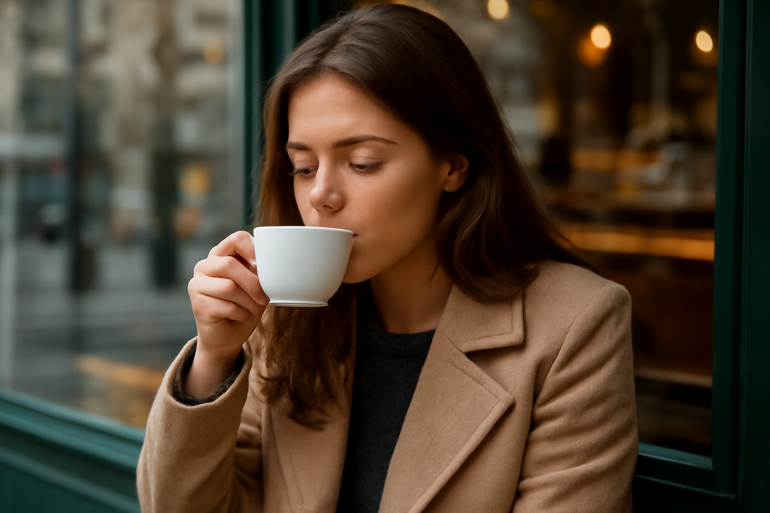 personne buvant un café devant une vitrine