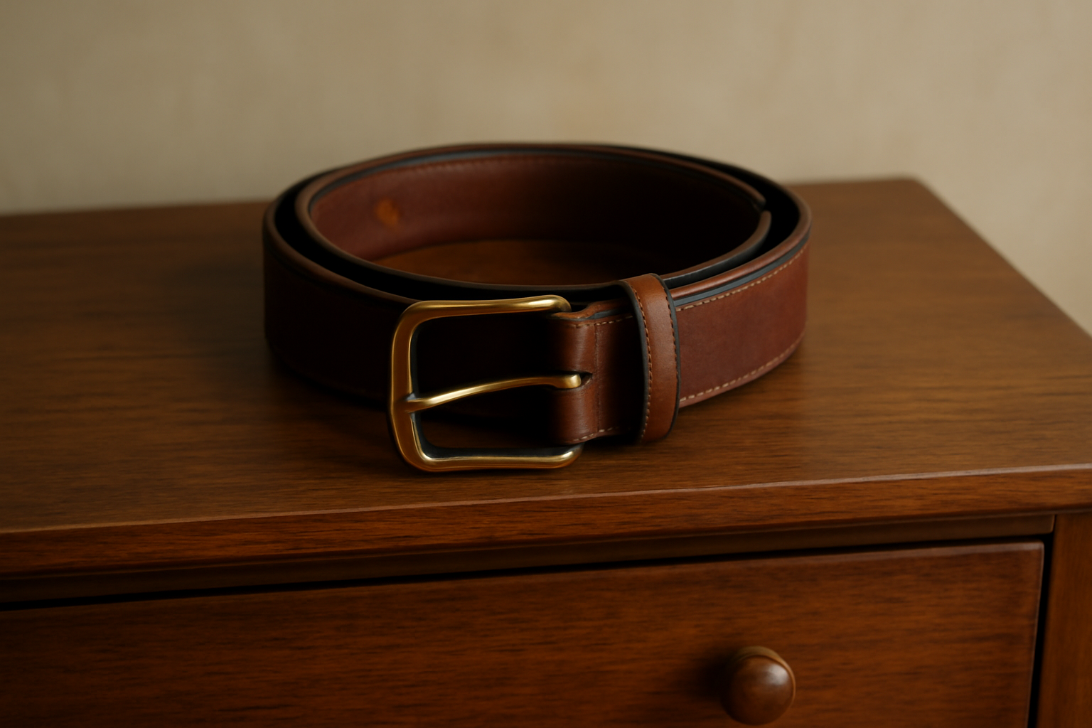 magasindemode-ceinture-se-detend-reparer ceinture posée sur une commode en bois