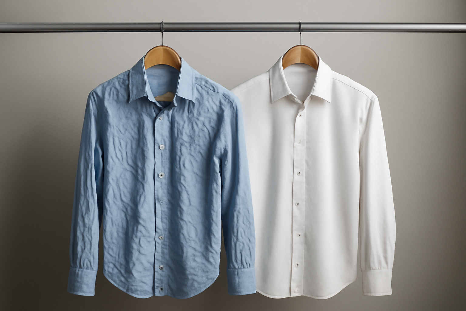 magasindemode-chemise-motifs-ou-unie-froisse-moins deux chemises suspendues, l'une froissée, l'autre nette