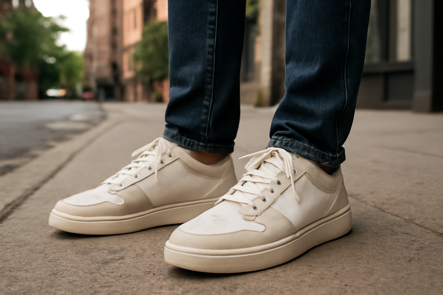 magasindemode-converse-vans-marche-ville personne en baskets sur trottoir urbain