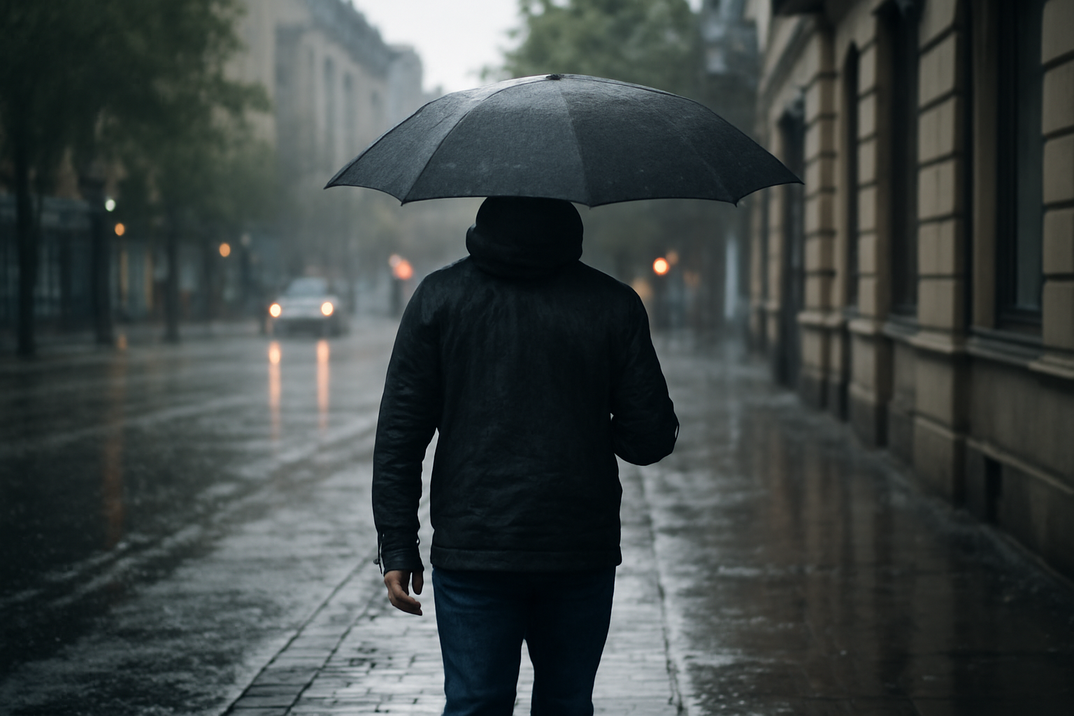 personne marchant en ville sous pluie légère