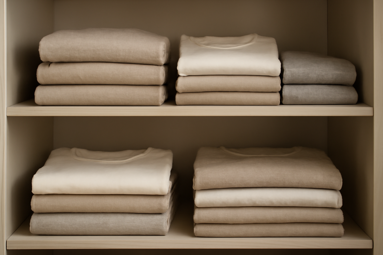 magasindemode-cuyana-basiques-investissement étagère avec vêtements pliés tons neutres