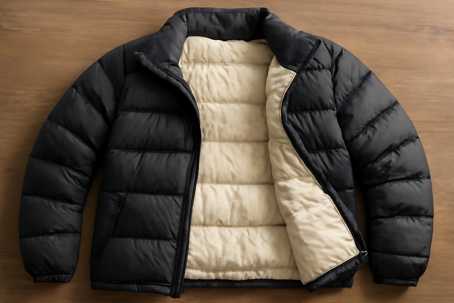 magasindemode-duvet-ou-synthetique-manteau doudoune ouverte montrant garnissage intérieur