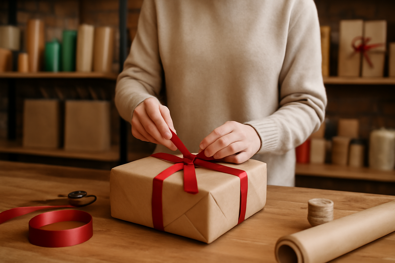magasindemode-emballage-cadeau-achat-mode-local personne emballant un paquet cadeau en boutique