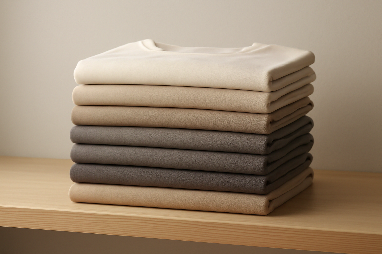 magasindemode-everlane-basiques-investissement pile de t-shirts neutres sur étagère